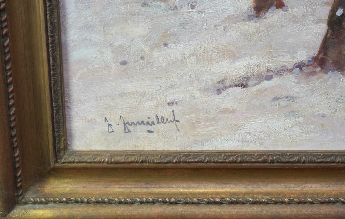 Johann Jungblut, German 1860-1912, Snowy riverscape with figures skating